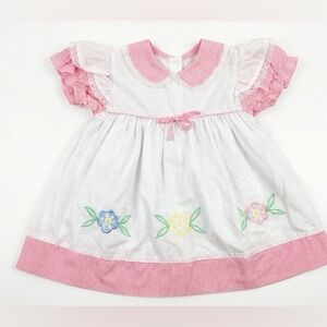 Vintage Running Colours Baby Girl Dress 24M Pink Gingham Floral Embroidered